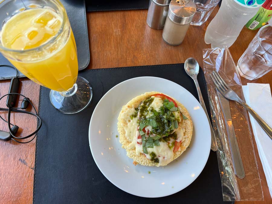 Food on table with orange juice